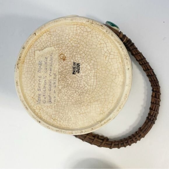 Vintage Japanese Biscuit Cookie Jar Rattan Handle Lidded Vibrant Floral - Picture 8 of 9